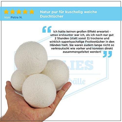 4 x Trocknerball – Bälle aus 100% Wolle zur Nutzung im Trockner, für schnelleres Trocknen und weichere Wäsche. Zeit und Kosten sparen durch Trocknerbälle für jede Wäsche, Decke, Kissen, Kopfkissen oder Daunen im Wäschetrockner. Trocknerkugeln für Wäschetrockner. - 3