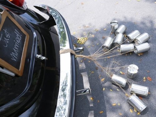 5 Hochzeitsdosen – laut & schön für Ihr Hochzeitsauto Autoschmuck Hochzeitsdekoration – Blechdosen silber mit Band 4 x bedruckt 1 x blanko zum selbstbeschriften - 2