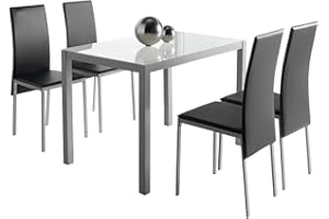 MOMMA HOME Conjunto de Mesa y Sillas Melbourne - con 4 Sillas - Mesa Fija - con Encimera de Cristal - para Salón y Cocina - Muy Elegante - Diseño Moderno Color Blanco y Negro