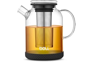Doli 1,5L Teekanne Glas mit Siebeinsatz Black - Langes Edelstahl Sieb für pures Aroma - für heiße & kalte Getränke - Spülmaschinenfest - BPA-frei