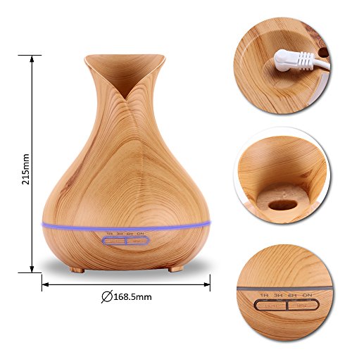 Aroma Diffuser, 400ml Ultraschall Öl Diffusor Holzmaserung Luftbefeuchter Raumbefeuchter Humidifier mit Kalten Nebel Abschaltautomatik LED Farbwechsel (Vase) - 2