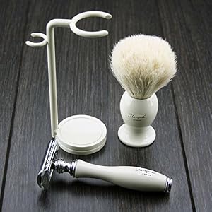 3 Pcs Men's Shaving Set In Ivory. Comes With White Badger Hair Brush,De Safety Razor (No Blades) & Dual Stand. Great as… - Image 4