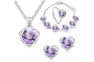 Wedity Heart-shaped Crystal Necklace Earrings Bracelet Ring Set Gold Fashion Love Heart Pendant Choker Necklaces Jewelry for Women and Girls (Purple)