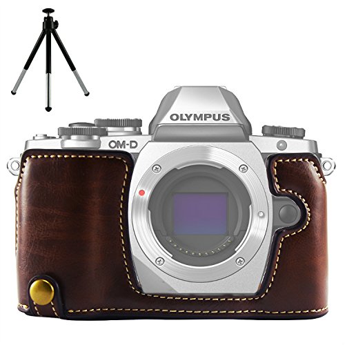 First2savvv XJPT- EM10-D10G6 Custodia Fondina in pelle sintetica per macchine fotografiche reflex compatibile con Olympus OM-D EM10 marrone scuro + Mini treppiede