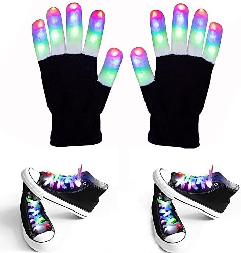 Atcket 3 Pairs per Set LED Flashing Gloves and Shoelaces include 1 Pairs of White Flashing LED Gloves, 2 Pairs of White Multi-color LED Shoelaces for Rave, Party or Hip-pop Dancing (Black Gloves+ Shoelace)
