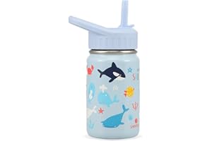 SANTECO Borraccia Bambini Acciaio Inox, Bottiglia Termica a Prova di Perdite con Cannuccia, Termos 350 ml, Senza BPA, Mondo marino