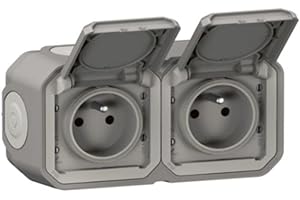 LEGRAND - Prise Etanche Double IP55 avec Terre Plexo - Prise 2P+T 16A Complète avec Volet - Pour Pose en Apparent - Montage Horizontal - Fabriqué En France - Gris