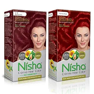 Nisha Creme Hair Color Combo Pack Burgundy & Flame Red Rich, Bright, Long Lasting Shine Hair Colour (60gm + 90ml + 18ml Nisha Conditioner) (Pack of 2, Burgundy & Flame Red)