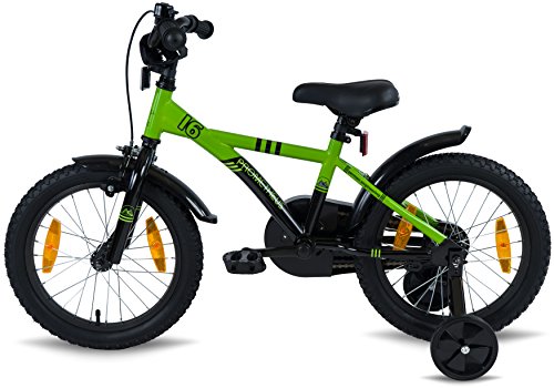 PROMETHEUS Kinderfahrrad 16 Zoll Jungen in Grün & Schwarz mit Stützrädern | Seitenzugbremse und Rücktrittbremse | ab 5 Jahren | 16“ BMX Edition 2017 - 4