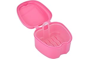 WATAWATA Denture Box Retainer Case Denture Storage Bath Box Denture Holder Box Cleaning Box Lightweight and Portable Cleaning Box with Filter (M, Pink)
