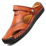  TQGOLD Flip Flops Herren Sandalen Sommer Leder Strandschuhe Hausschuhe Slipper Clogs Zehentrenner aus Rindsleder(Rot Braun,Größe 43)
