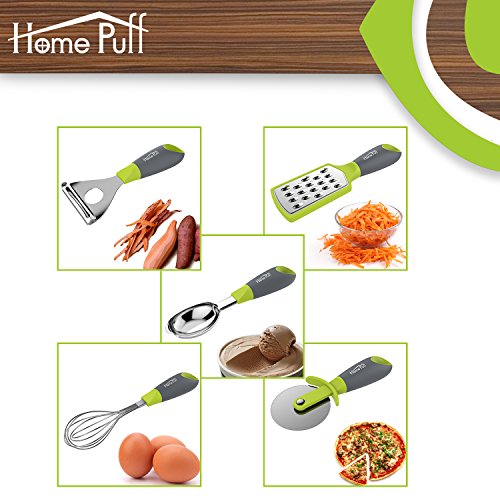 Homepuff Küchenhelfer Küchenutensilien Set aus Edelstahl(Kopfteil) und Silikon(Griff), Pizzaschneider, Schneebesen, Sparschäler, Eislöffel, Reibe. - 4