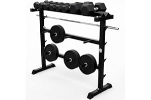 ManiBoom Soporte Mancuernas Casa de Acero 2 Niveles Horizontales + 2 Verticales - Organizador Gimnasio - Estante de Almacenamiento para Pesas Rusas, Barra Esterillas y Mancuerna - Mancuernero