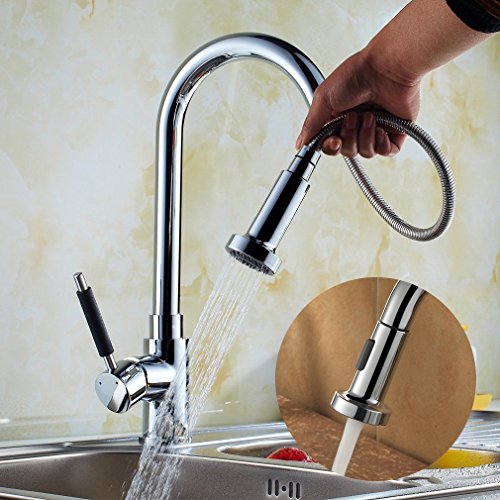 Küchenarmatur herausziehbarer Geschirrbrause 2 Strahlarten Hochdruck Hoher Auslauf 360°Schwenkbereich aus Messing verchromt Armatur Küche