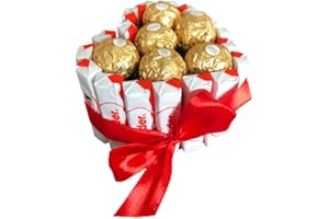 DESAYUNOS A LA CARTA Tartas Kinder: Cesta de chocolate perfecta para regalar en Navidad, San Valentín y cumpleaños con Kinder Bueno, Schoko Bons, Ferrero y flores preservadas (Corazón mini Ferrero)