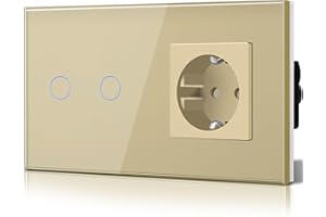 BSEED Interruptor táctil y enchufe pared,Panel de Vidrio con pulsador LED,Conmutador Modernos,Sin Función Wifi,2 Gang 1 Vía+1 Enchufe,157mm Oro
