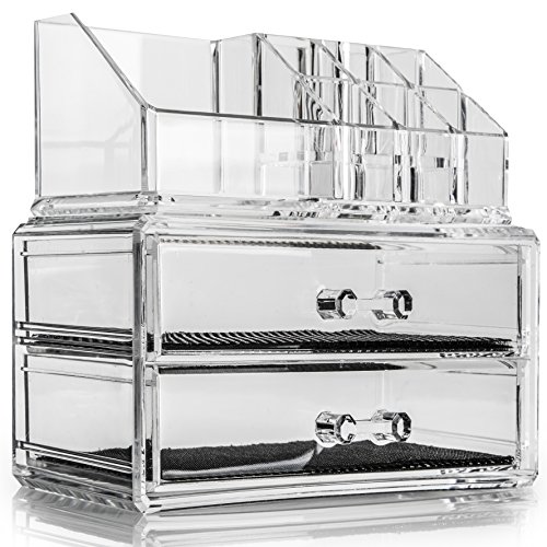 Deluxe Acrylic Makeup Organiser SO02609 2 Large Clear Drawers + 8 Small Top Compartments for Make-up, Jewellery, Cosmetics Medium Size 19 x 10 x 16 cm Storage Case Perfect for Organising Small Items