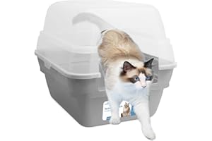 PETFAMILY 3in1 katzenklo mit Deckel groß katzentoilette, Jumbo Hooded Katzentoilette XXL Katzen klo mit Haube Dach offen,Katzchen Katzentoilette mit hohem Rand Grau 55x45x44cm