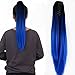 22" Claw on Ombre Two Tone Synthetic Long Straight Ponytail Hair Extensions Natural Black to Blue