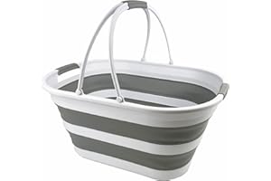 SAMMART 38L zusammenklappbarer Wäschekorb aus Kunststoff – ovale Wanne/Korb – Faltbarer Aufbewahrungsbehälter-tragbare Waschwanne – platzsparender Wäschekorb (Weiß/Grau)