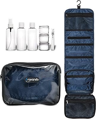 TRAVANDO ® Trousse de Toilette "FLEXI" à suspendre + Sac Transparent + 7 Pots, Contenants, Bouteilles pour l’Avion | Set, Kit de Voyage | Sac de Toilette, Nécessaire Cosmétiques pour Hommes et Femmes