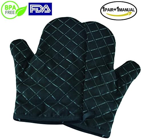Yumay Silicone Kitchen Gloves - Heat Resistant Oven Gloves with Cotton Lining - Non Slip Silicone Potholder and Glove for Kitchen, Microwave, Cooking, Wire Mesh, Barbecue (Black oven gloves)