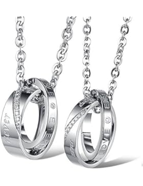 Kim Johanson Pärchen Halsketten für verliebte aus Edelstahl mit doppelten Ringen Silber und Gravur inkl. Schmuckbeutel