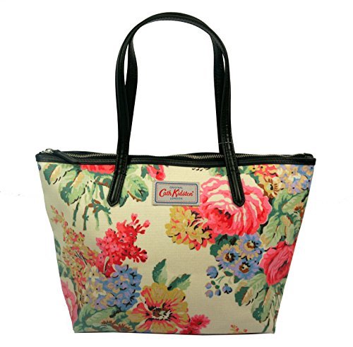 Cath Kidston NEW Matt Oilcloth Medium Leather Trim Zipped Tote Bloomsbury Bouquet Floral Cream
