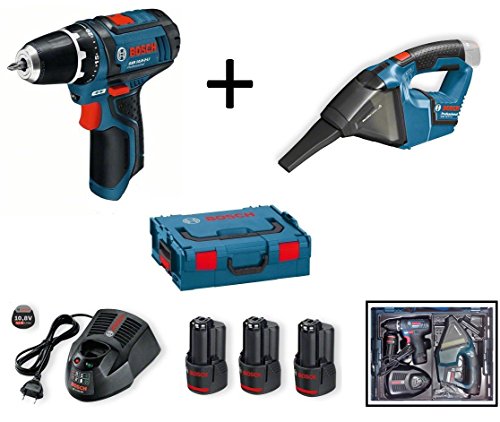 BOSCH-Set: Akku-Bohrschrauber GSR 10,8-2-Li/12V Prof. + Akku-Sauger GAS 10,8V-Li/12V Prof. inkl. 3x Akku 2,0 Ah und Ladegerät in L-Boxx
