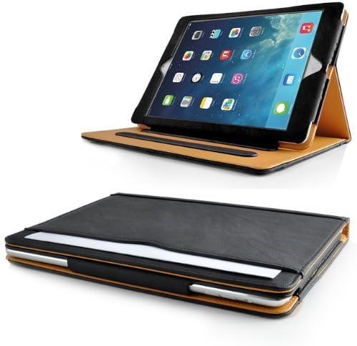DCJ Products iPad Air 1 (5th Generation iPad) Leather Wallet Stand Case (Black/Tan)