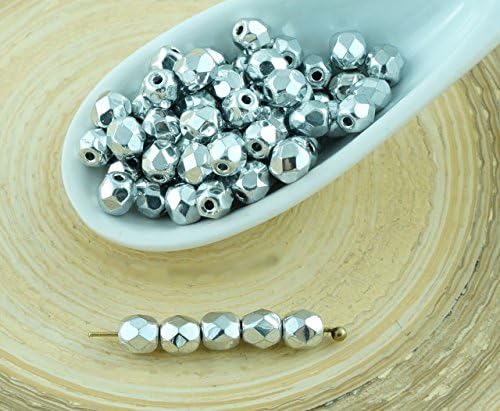100pcs Metallic Silver Round Czech Glass Beads Faceted Fire Polished Small Spacer 4mm