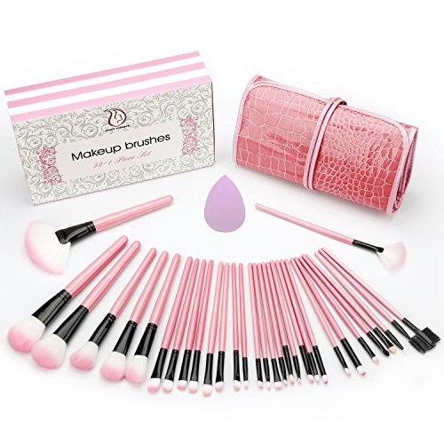 Make up Brushes, Start Makers Pink Makeup Brushes Professional Cosmetics Essential 32+1 Pieces Makeup Brush Set with Purple Beauty Blender and Gift Box