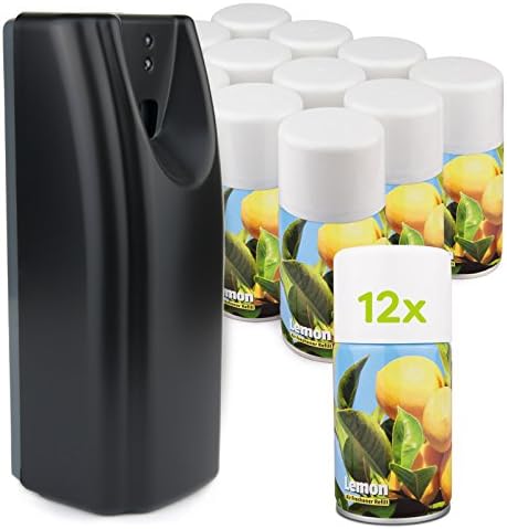 Complete Starter Set - Automatic Air Freshener & 12 Lemon Aerosol Refill Cans - Commercial Toilet (Black)