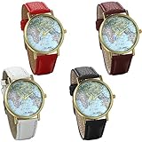 JewelryWe 4pcs Damen Armbanduhr Retro Weltkarte Globus Karte World Map Leder Band Analog Quarz Uhr Bloggeruhr Geschenk Schwarz Braun Weiss Rot