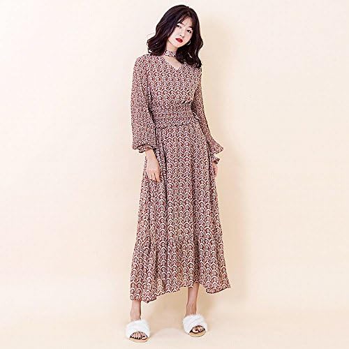 LDQ Autumn Slender Waist Prints Chiffon Dresses Pleated Long Sleeves Lotus Leaf Long Skirt,Red,All code