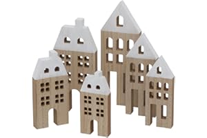 RiloStore 6er Set Deko Haus Holzhaus Shabby Chic Dekohaus weiß braun Häuser 6 Stück Winterdeko Weihnachtsdeko Raumdeko Holzhäuser