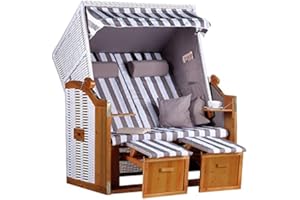 MR. DEKO® Kosz plażowy Ostsee 2-osobowy | plecionka PE w kolorze białym | w zestawie 4 poduszki i składany stół | regulowane krzesło plażowe z twardego drewna z podnóżkiem (wzór szaro-biały)