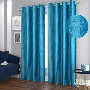 Korano 7ft Curtain for Door Polyester Fabric Tree Pattern Eyelets Room Darkening Curtains for Living Room & Kids Room, Set of 2, 7Feet, Seablue