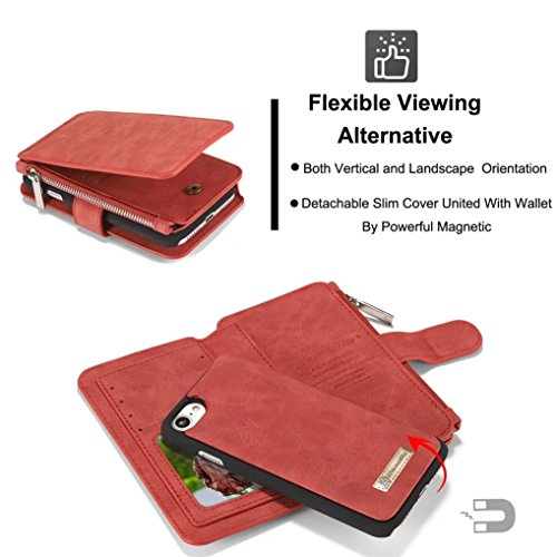 LOOKAY Apple iPhone 7(4,7″) Multifunktions PU Leder Handy Tasche Schutzhülle hülle und Geldbörse 2 in 1 – Rot - 7