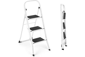 VIVO TECHNOLOGIES 3 Step Ladder | Portable Folding Ladders | Lightweight Sturdy Steel Ladder | Anti Slip Feet | Non-Slip Safety Treads | Easy to Store Step Stool | DIY Gardening Kitchen Garage | 150kg Capacity, White