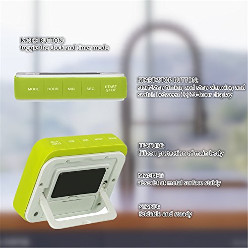 ZHPUAT Magnetischer Kurzzeitmesser Timer mit Schutzhülle aus Silikon Küchentimer Top Qualität Hochwertig Countdown/up macht Pünktlich Farbe Grün - 3