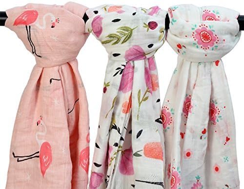 Muslin Swaddle Square Blankets - 3 Pack Floral &amp; Flamingo Print Baby Organic Cotton Receiving Blanket for girl Shower Gift by Final Home (Floral &amp; Flamingo)