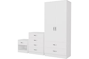 Nera Bedroom Furniture Set 3 Piece Set Wardrobe with Drawers Chest of Drawer Bedside Table Bedroom Storage (Matt White)