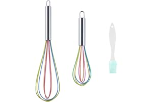 TIANNAIT 2pcs Silicone Whisk with 1pc Brush, Colorful Whisk, Kitchen Whisk with Stainless Steel Handle, Suitable for Cooking, Baking