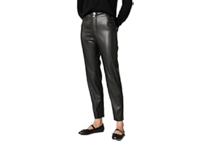 Goldenpoint Donna Pantaloni Straight Spalmato Effetto Pelle con Cinturino in Vita e Doppio Bottone