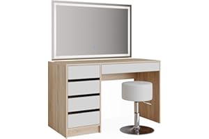 Vicco tavolo da toeletta Sherry, Sonoma/Bianco, 120 cm con specchio e sgabello a LED