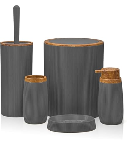 Set Accessori Bagno 5 Pezzi - Plastica Beige, Moderno, Con Cestino, Dispenser E Portascopino - Foto 6