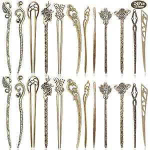 24 Pieces Chinese Women Hair Sticks, AUHOKY Vintage Bronze Decorative Hair Pin Chopsticks, Antique Retro Hair Forks for Hair DIY Accessory, 12 Styles