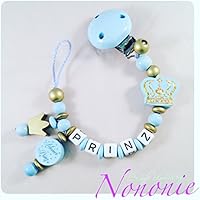 Schnullerkette mit NAMEN - große Krone - 2 Baunler - kleiner Prinz - Babyblau und Gold