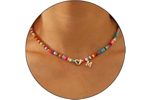 MISS CHIPMUNK Bunte Perlenkette für Frauen Mädchen -Initial Halsketten bunte Perlen Charme Buchstabe Alphabet Choker Bohemian vergoldet Anhänger mit herzförmigen Metall Y2K Boho Halskette Freundin Frau